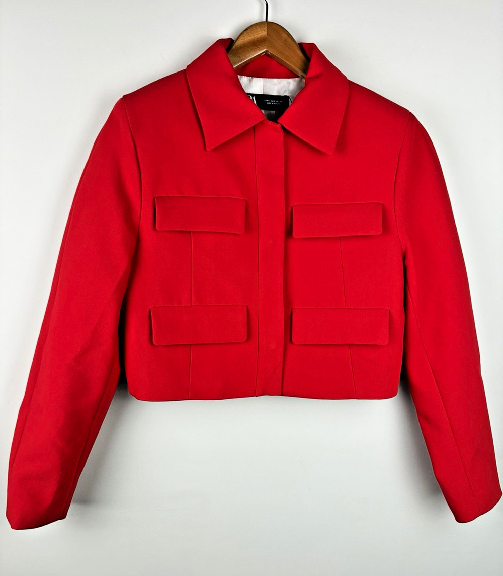 Zara Red Cropped Utility Jacket Blazer Size S 4 Pocket Stretch Career Preppy